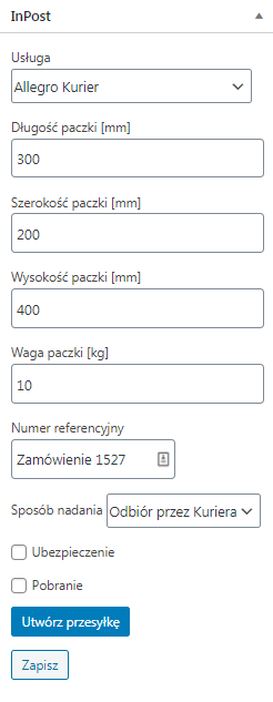 InPost metabox example for a WooCommerce order