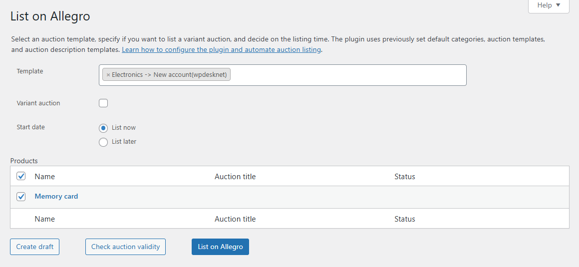 Listing an auction example