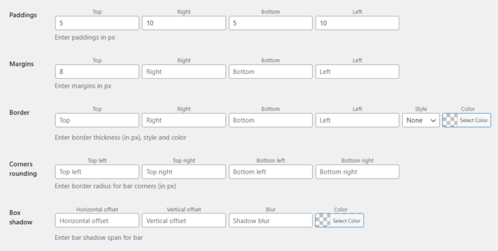 Paddings, margins, border, corner rounding, and box shadow in Flexible Cookies Style Add-on