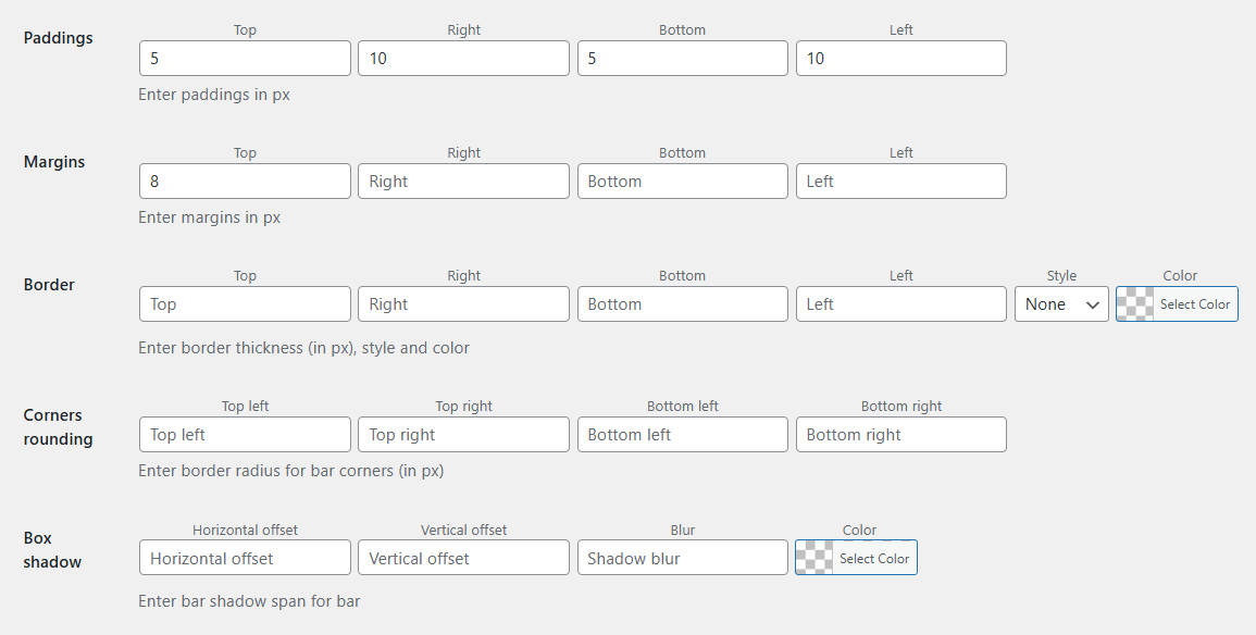 Paddings, margins, border, corner rounding, and box shadow in Flexible Cookies Style Add-on