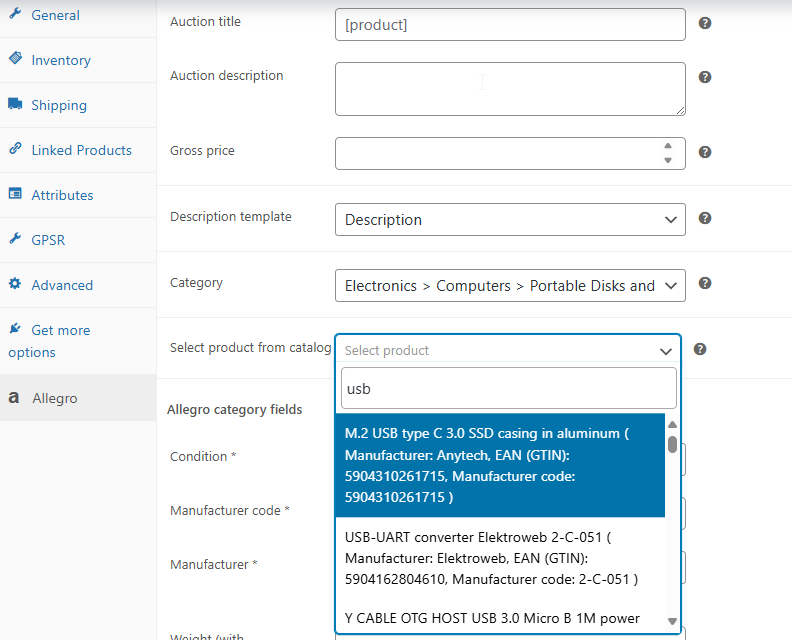 Product catalog example in Allegro WooCommerce - product edit view