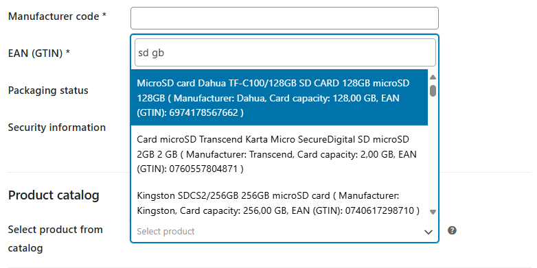 Product catalog feature for auction - example