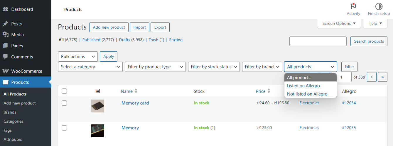 Product filtering in Allegro WooCommerce
