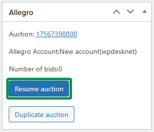 Resuming a single auction from the auction edit screen