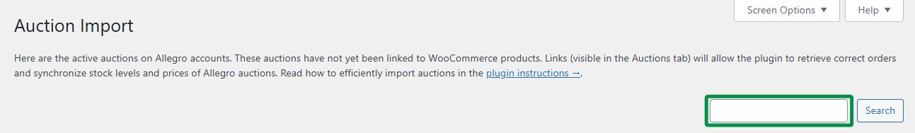 Search bar for auction import