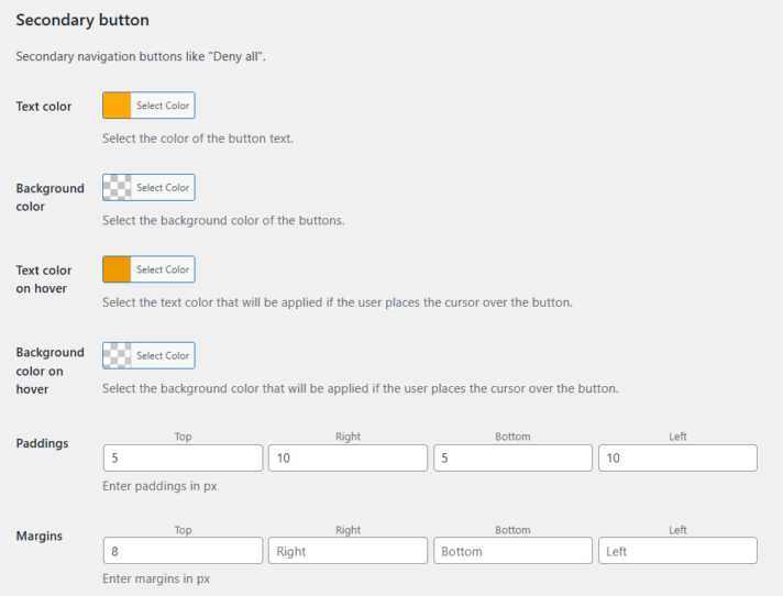 Secondary button styling in Flexible Cookies Style Add-on