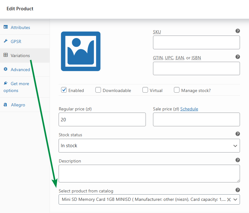 Select a product from the Allegro catalog for a variation product