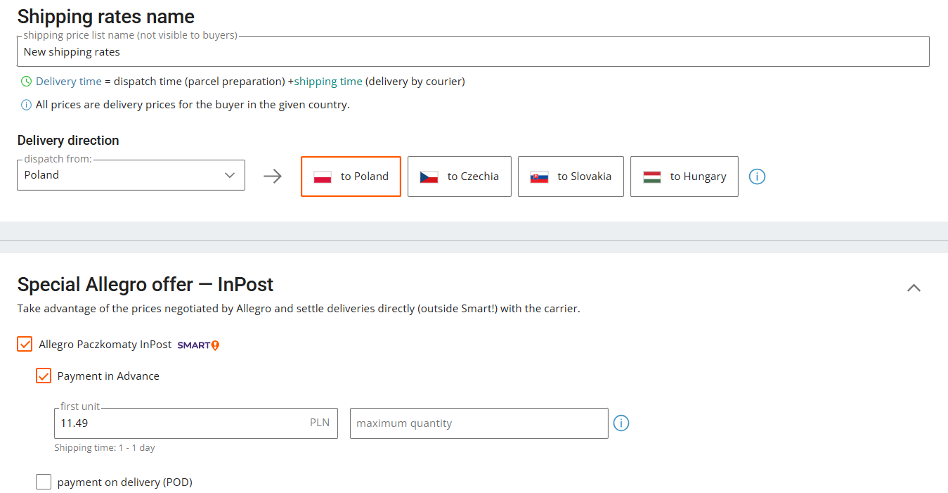 Setting a shipping rate on Allegro example
