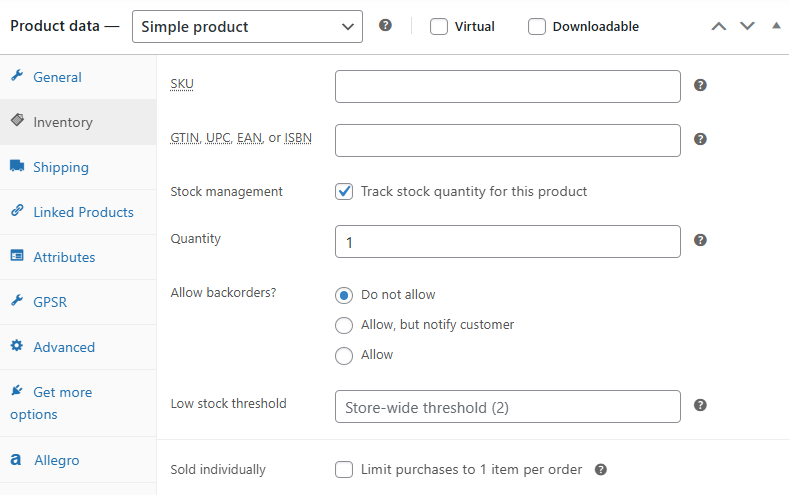Stock management settings