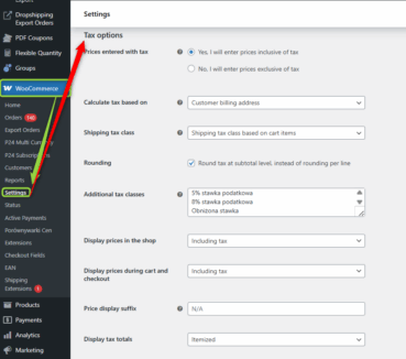 WooCommerce option prices tax settings
