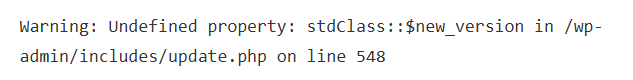 Plugin update error message shown on the WordPress plugins screen