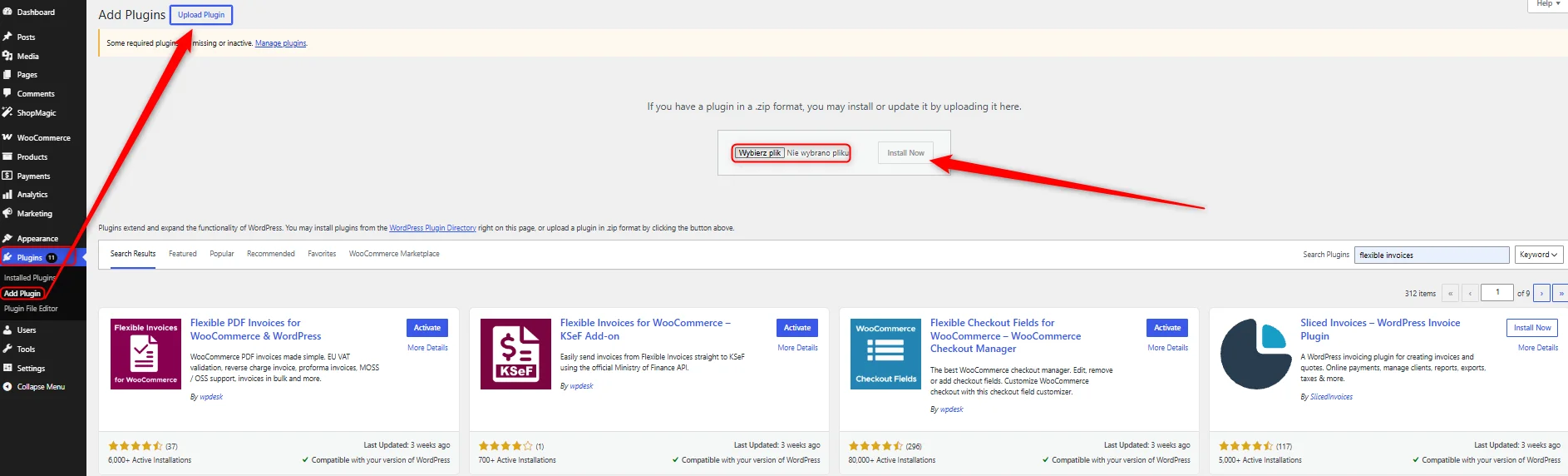 Upload Plugin screen used to install a plugin ZIP file manually