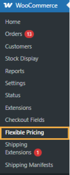 WordPress dashboard showing WooCommerce menu with the Flexible Pricing option highlighted