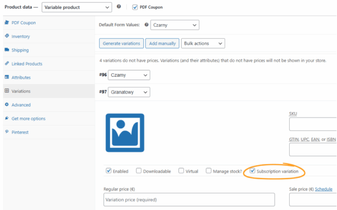 Product edit screen with variants in WooCommerce while configuring the “Subscription with One-Time Payment” add-on for the Flexible Subscriptions plugin.