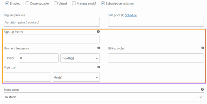 Subscription variation configuration fields – “Subscription with One-Time Payment” add-on Configuration fields displayed after selecting the “subscription variation” option in WooCommerce using the “Subscription with One-Time Payment” add-on for the Flexible Subscriptions plugin.