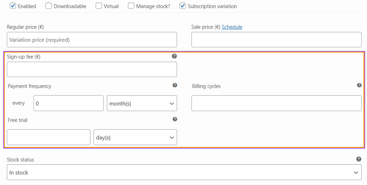 Configuration fields displayed after selecting the “subscription variation” option in WooCommerce using the “Subscription with One-Time Payment” add-on for the Flexible Subscriptions plugin.