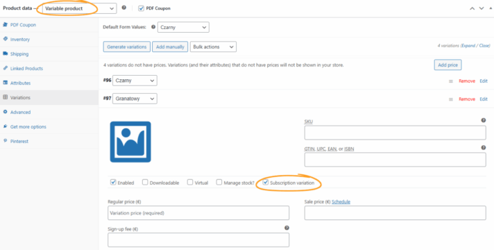 Selecting the subscription variation – configuring the “Subscription with One-Time Payment” add-on WooCommerce product edit screen with highlighted “variable product” and “subscription variation” options during setup of the “Subscription with One-Time Payment” add-on in Flexible Subscriptions.