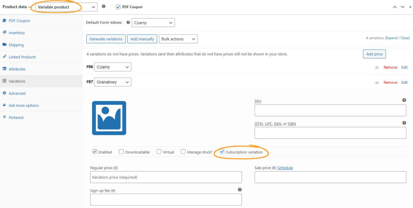 WooCommerce product edit screen with highlighted “variable product” and “subscription variation” options during setup of the “Subscription with One-Time Payment” add-on in Flexible Subscriptions.