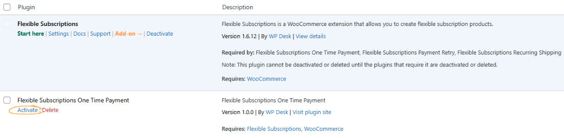 A screenshot showing how to enable the Flexible Subscriptions One Time Payment add-on in the WordPress dashboard.