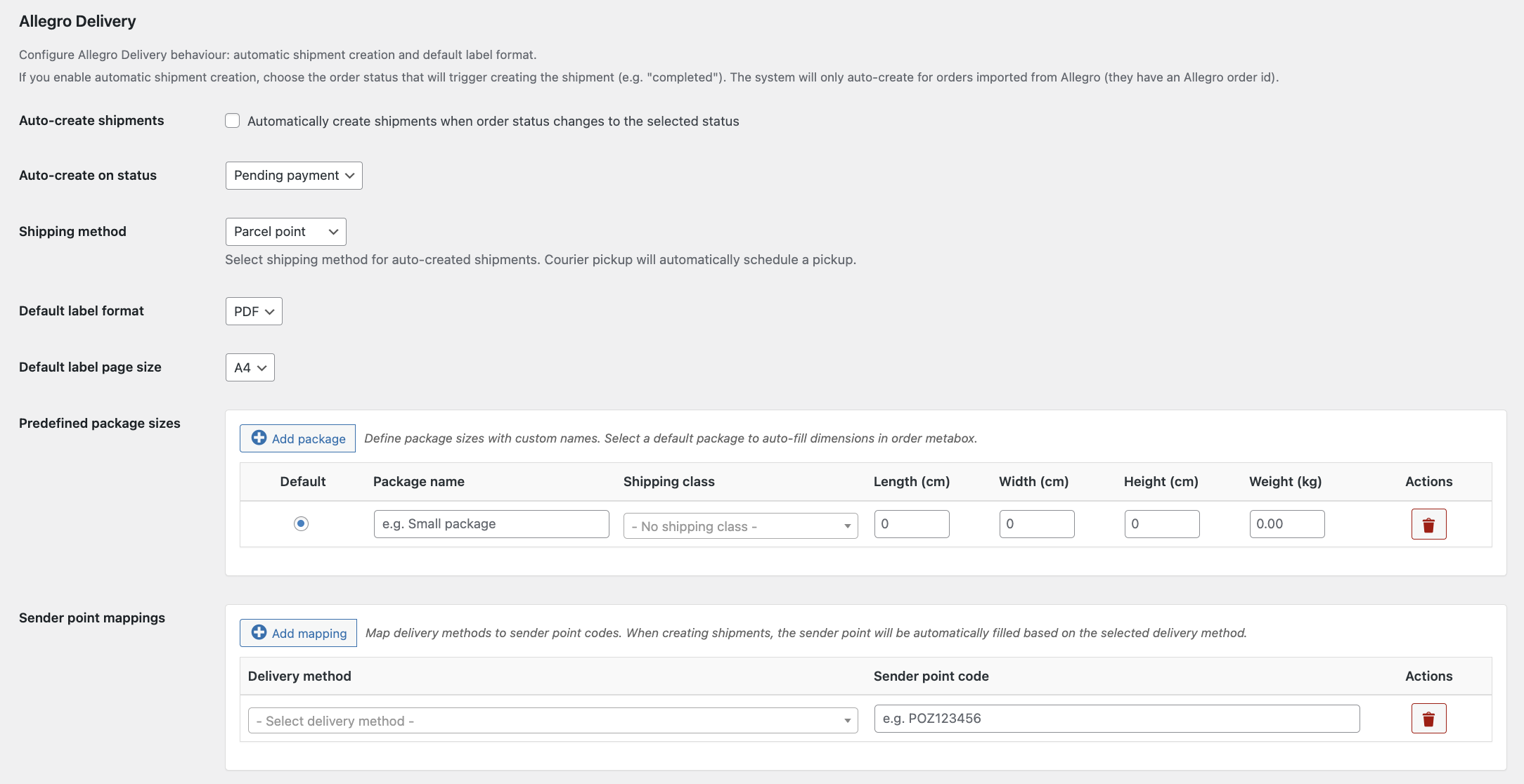 Allegro Delivery - settings