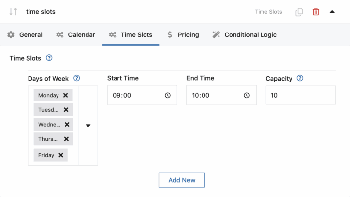Flexible Booking for WooCommerce plugin settings showing configurable time slots that customers can select and purchase