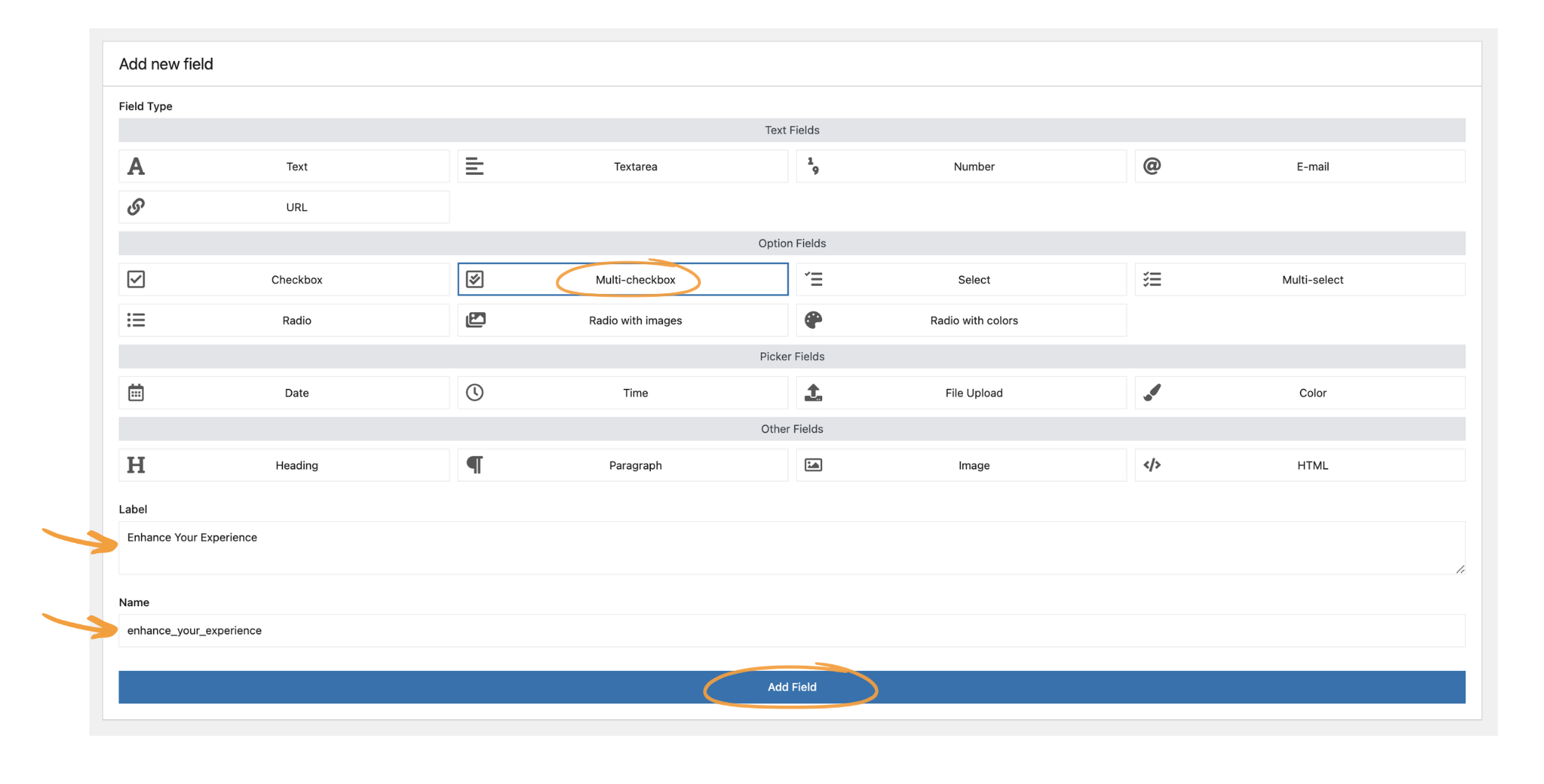 Flexible Product Fields PRO interface showing creation of a multi-checkbox field named enhance_your_experience inside the Personalize Your Spa Voucher field group