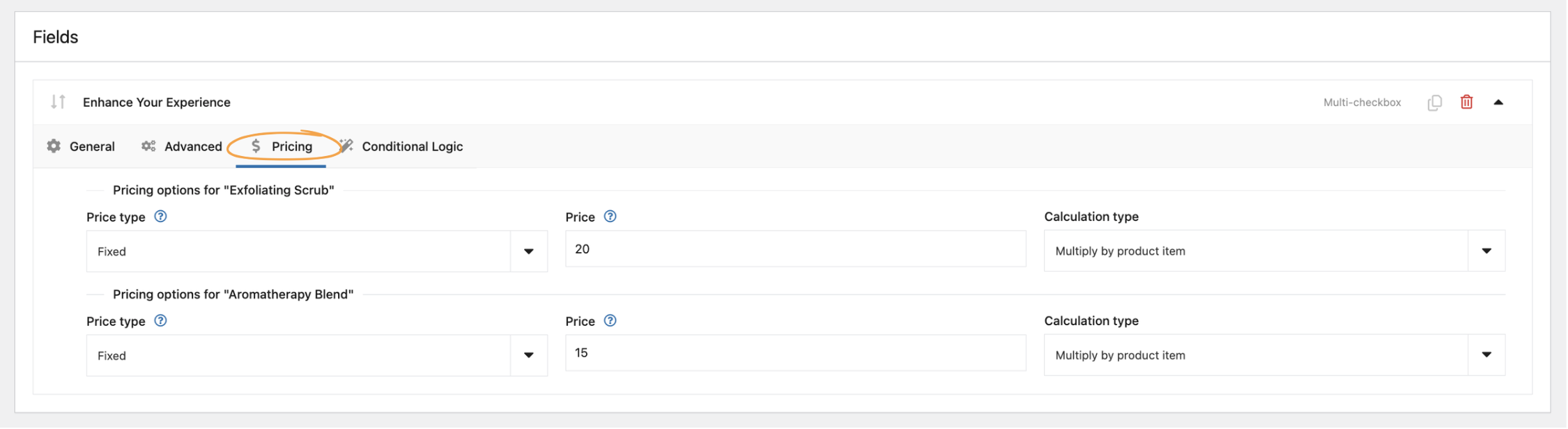 Flexible Product Fields PRO field settings showing price values assigned to enhancement options such as exfoliating_scrub