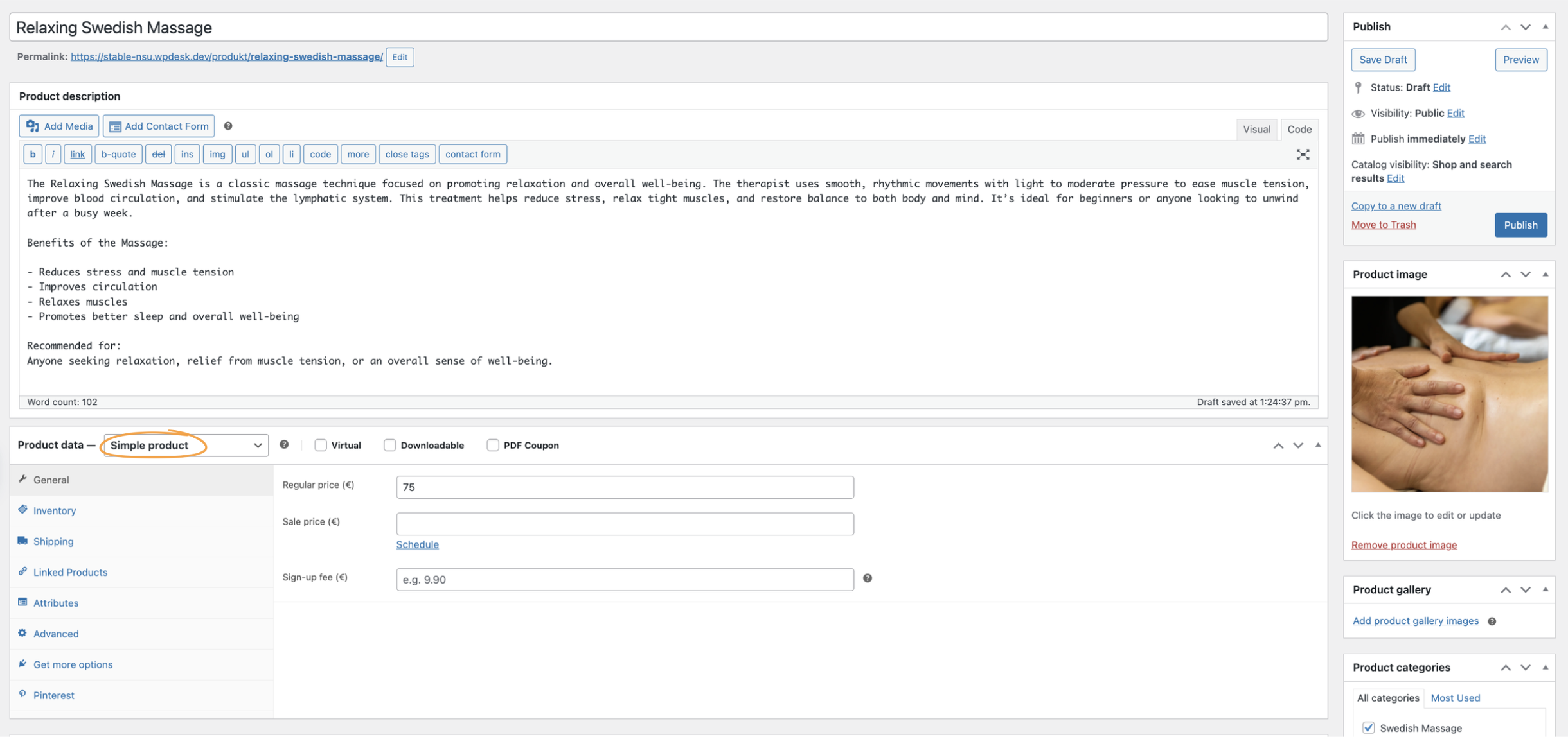 WordPress dashboard showing how to add a new product, enter product details, select 'Simple product', and set price for Relaxing Swedish Massage