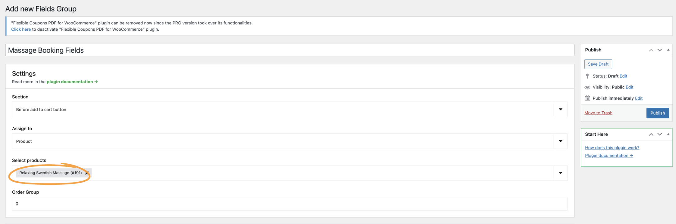 WooCommerce dashboard showing the creation of a new field group named “Massage Booking Fields” and assigning it to a specific massage product
