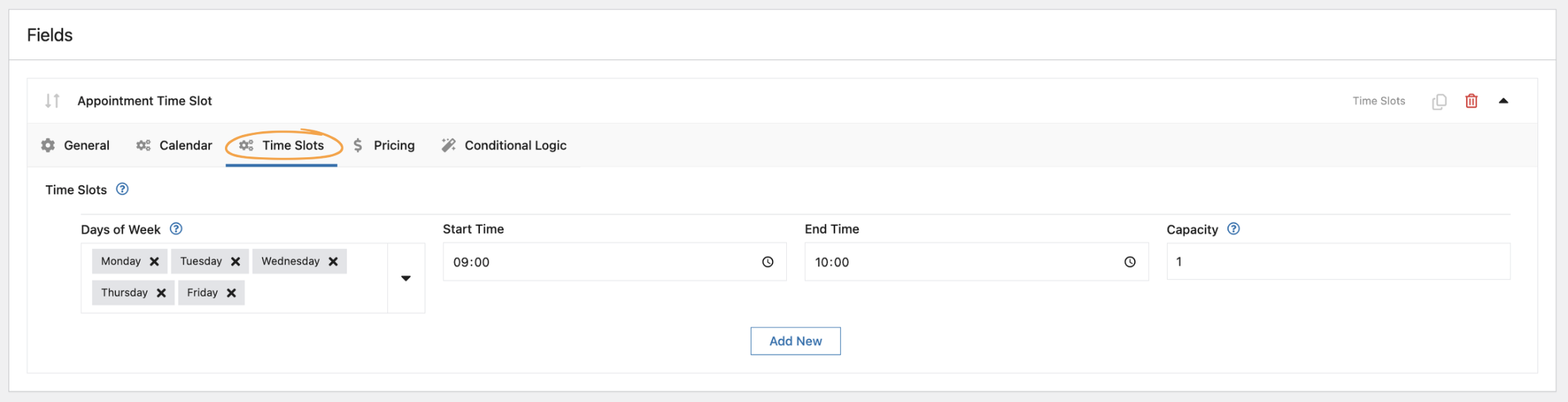 WooCommerce dashboard showing Time Slot field settings: days of the week selection, start and end times, and capacity per slot for massage appointments