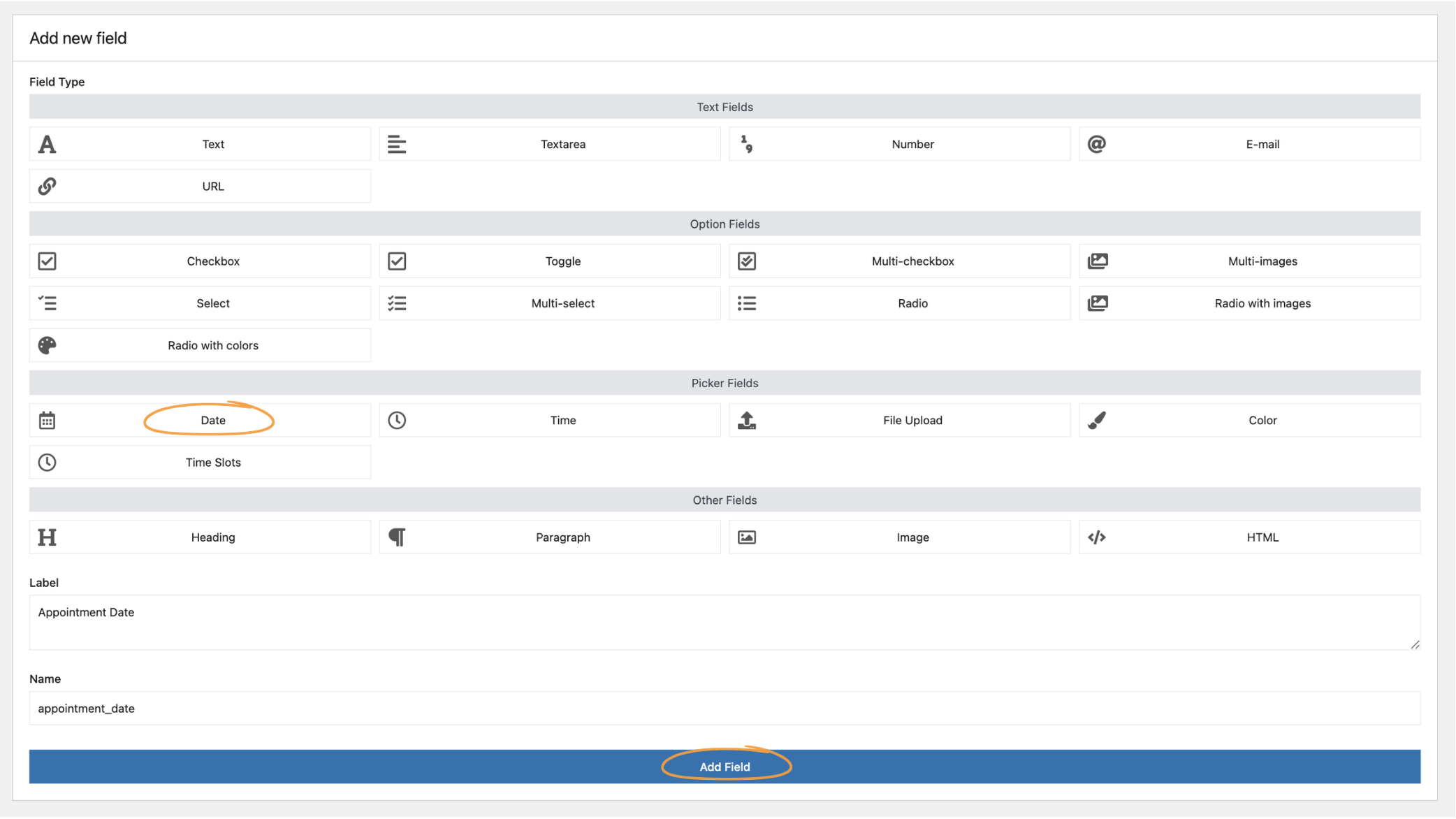 WooCommerce dashboard showing how to edit or add a Date field in the “Massage Booking Fields” group to manage daily booking limits and date ranges