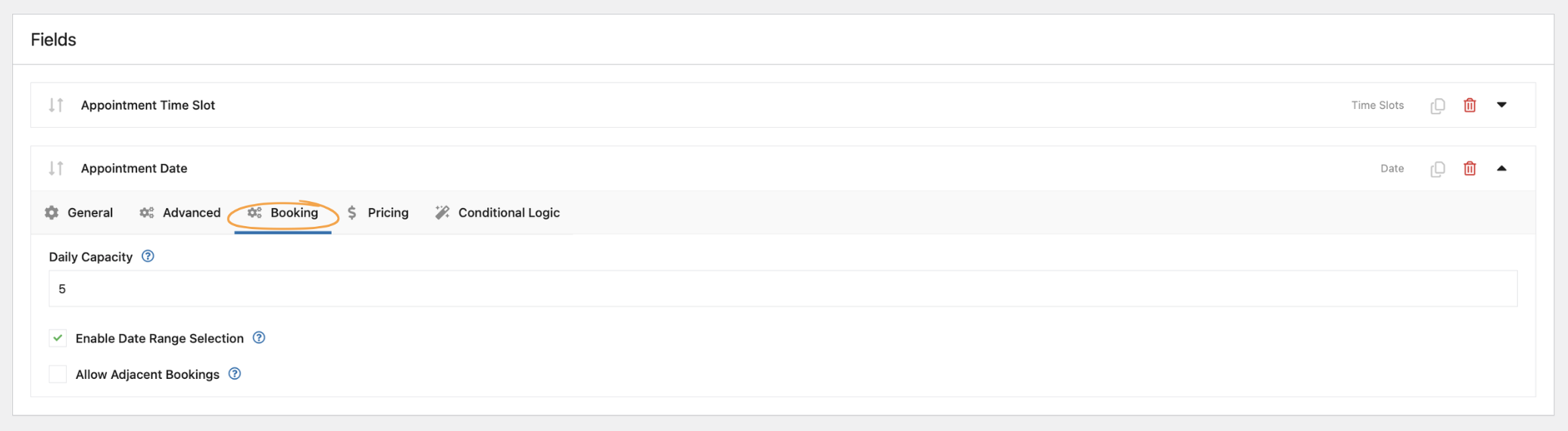 WooCommerce dashboard showing settings for Daily Capacity, Date Range Selection, and Allow Adjacent Bookings in the “Massage Booking Fields” group