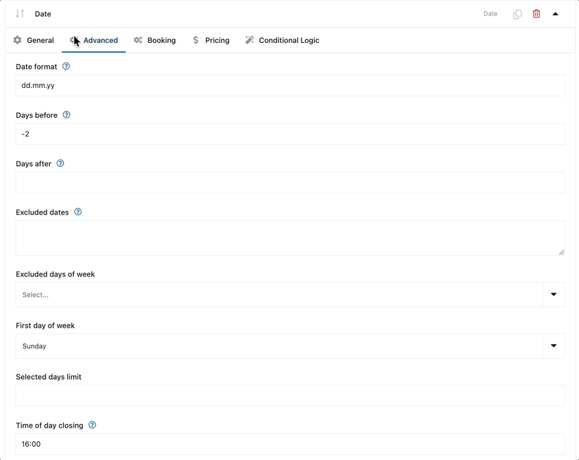 Settings for fields used to sell hotel services in WooCommerce