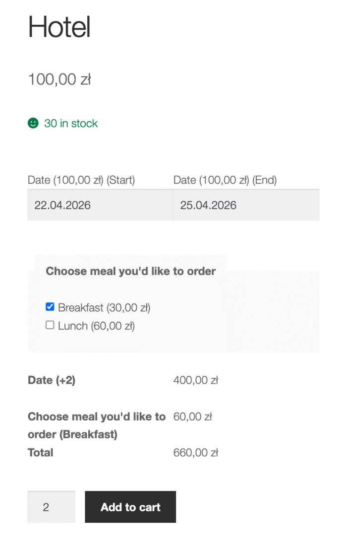 Hotel services in WooCommerce - product