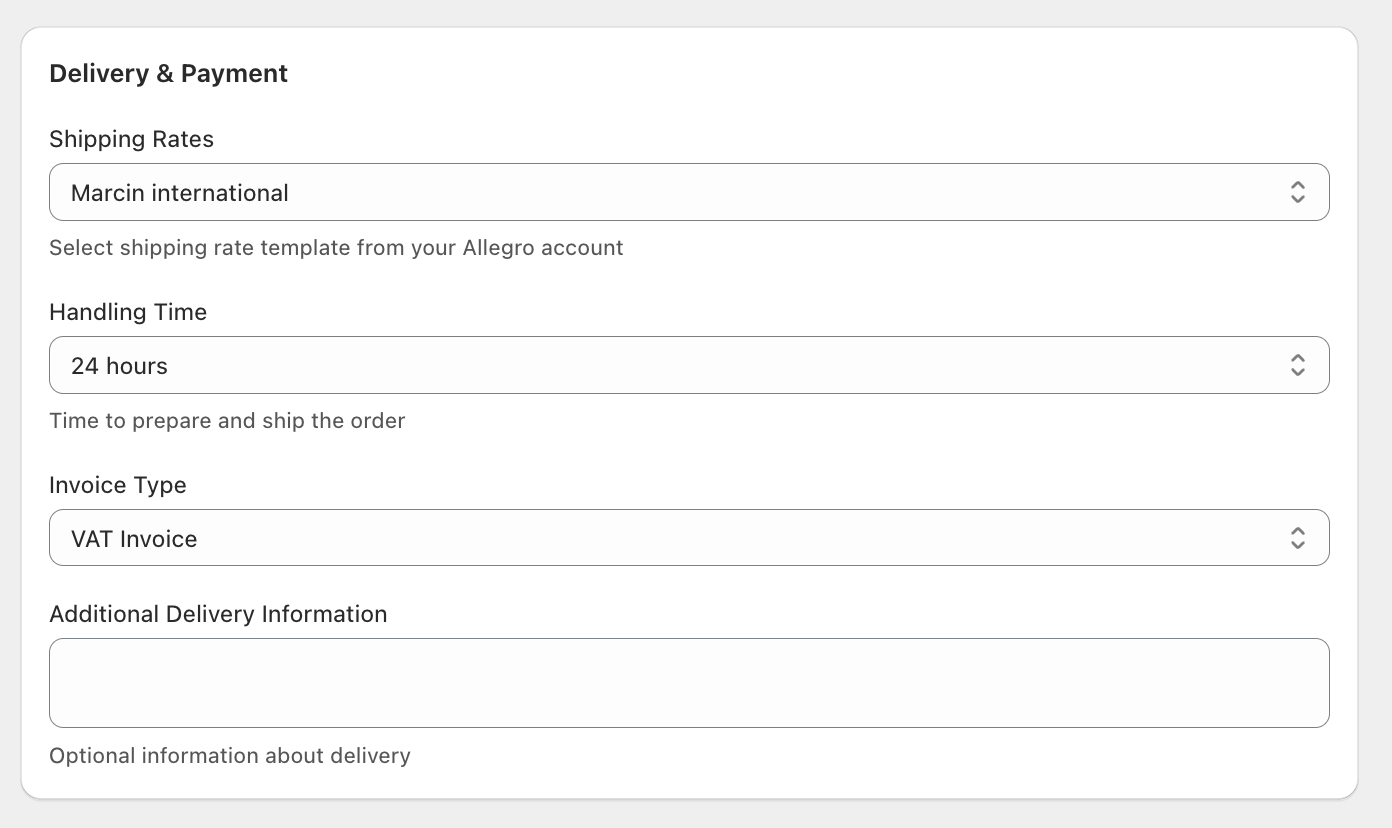 Allegro Shopify - delivery and payments