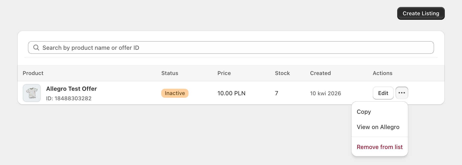 Allegro Shopify - offers listing