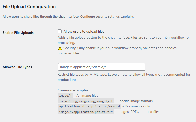 Flexible chat file upload configuration
