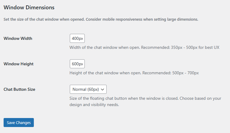 Flexible chat window dimensions