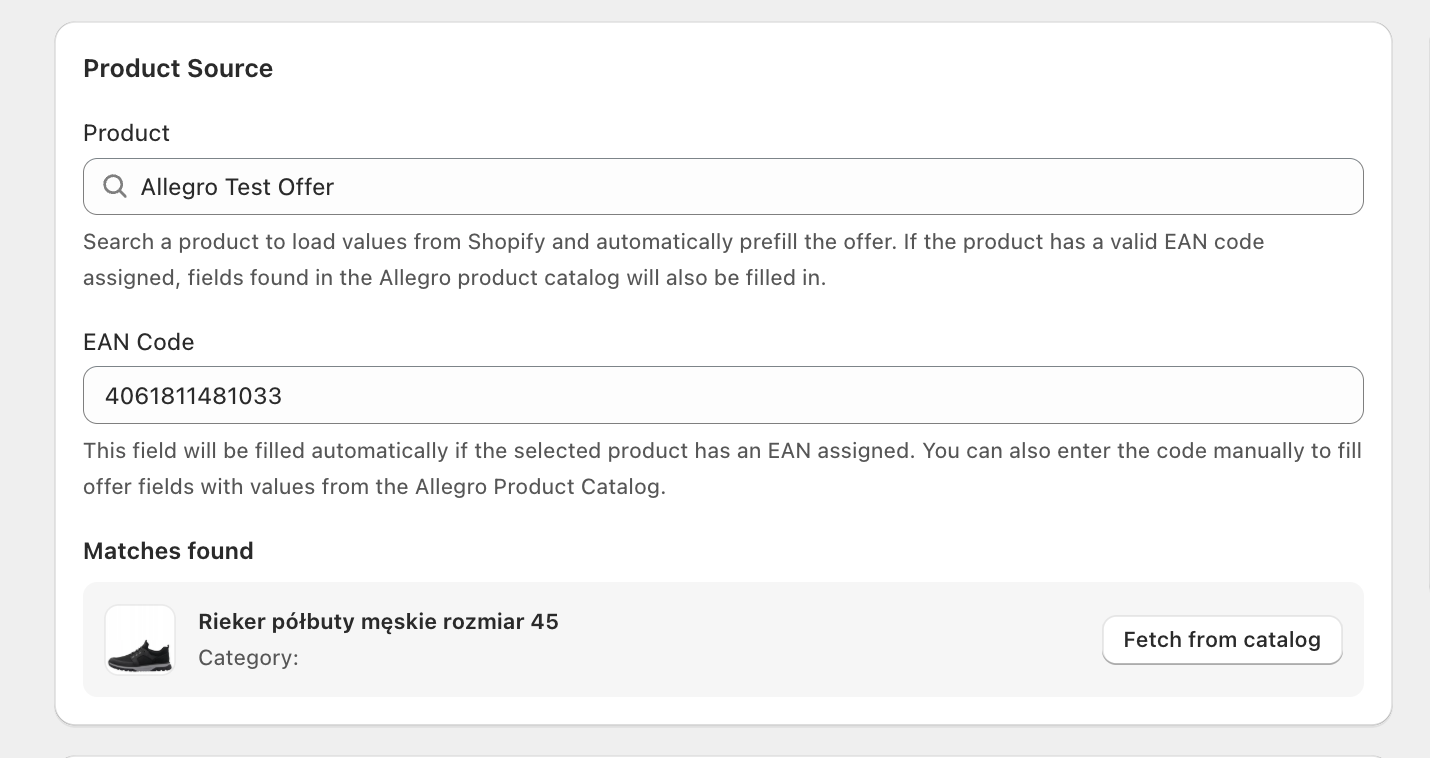 Allegro Shopify - product source
