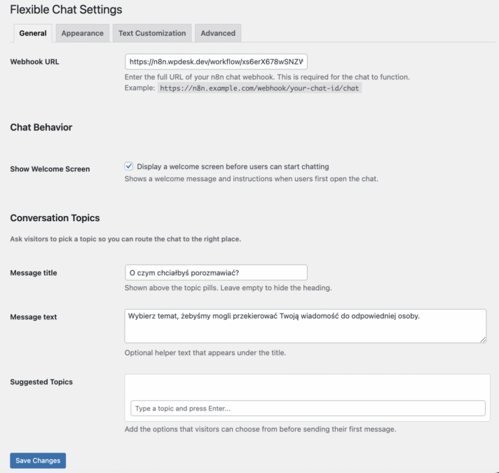 Flexible Chat settings screen with conversation options
