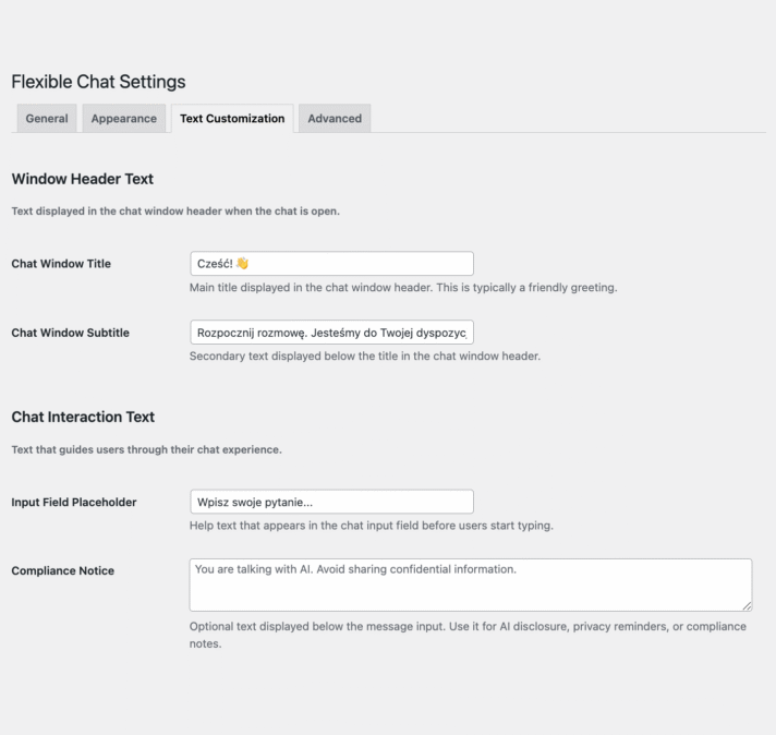 Flexible Chat message settings in the WordPress admin panel