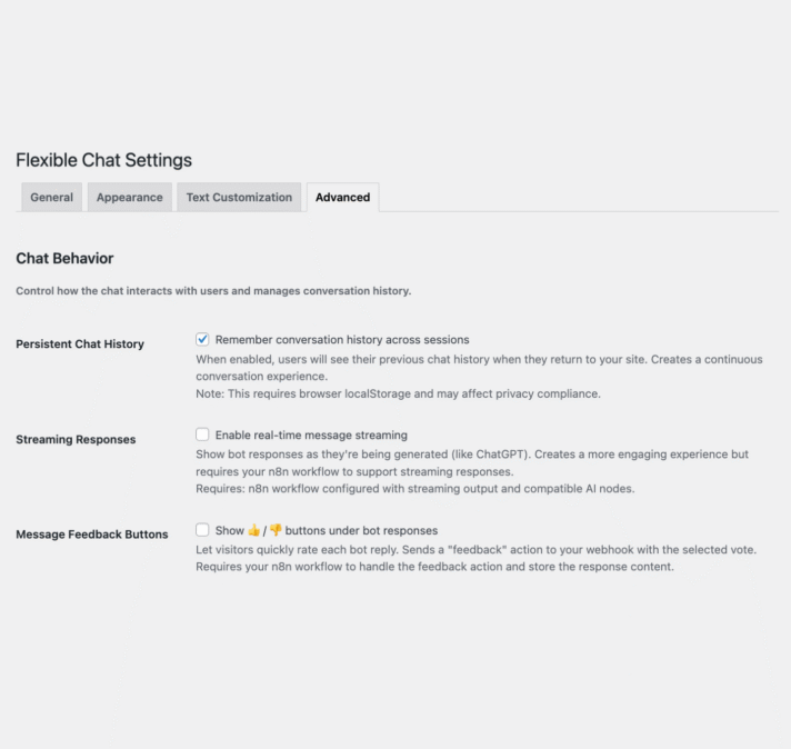 Flexible Chat configuration screen with response options