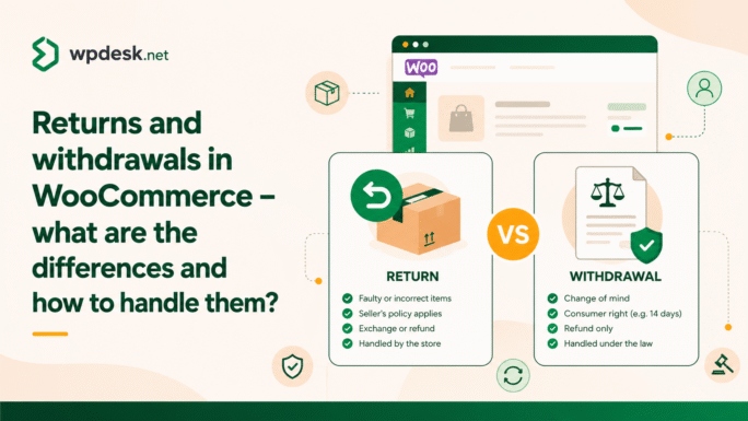 Infographic comparing return and withdrawal in WooCommerce: return covers faulty items handled by the store, withdrawal is a consumer right within 14 days handled under EU law – wpdesk.net
