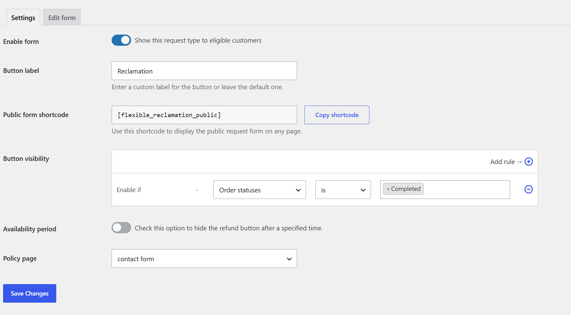 Flexible Refund and Return Order for WooCommerce - Reclamation settings