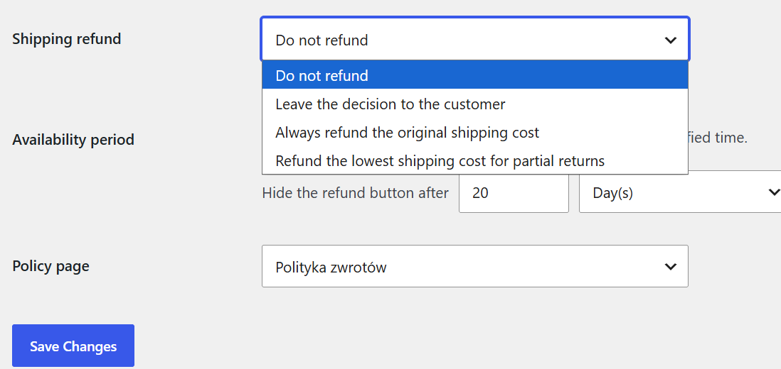 Flexible Refund and Return Order for WooCommerce - shipping cost refund settings