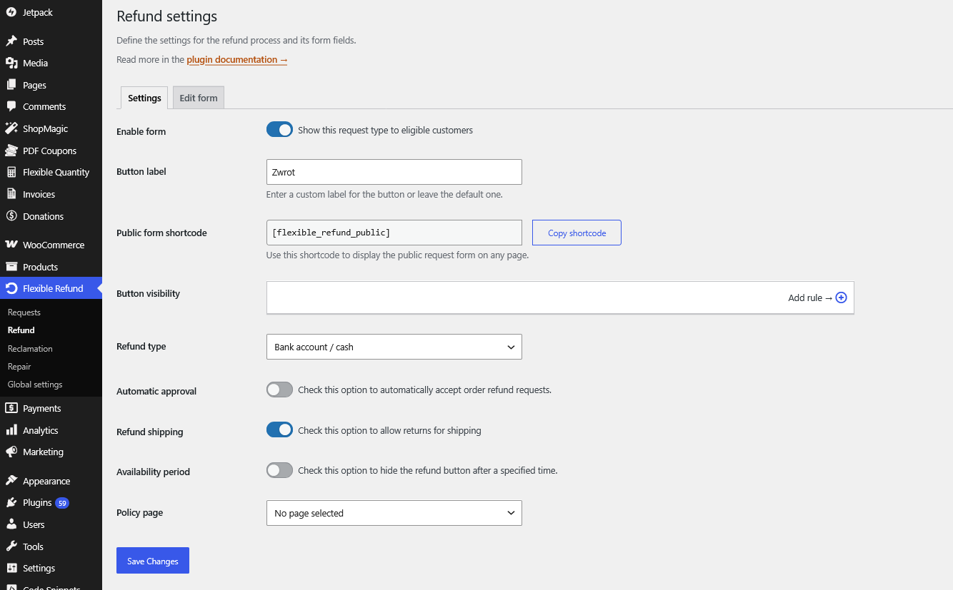 Refund form settings in Flexible Refund and Return Order for WooCommerce