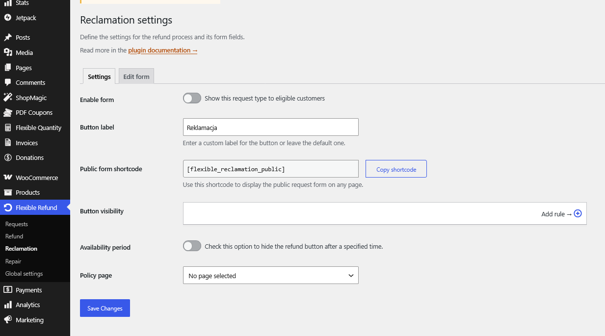 Reclamation form settings with button label and display logic options