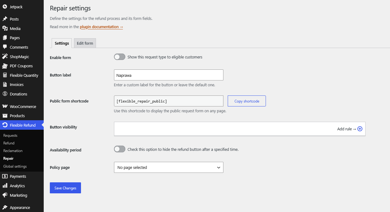 Repair form settings introduced for the EU right to repair directive