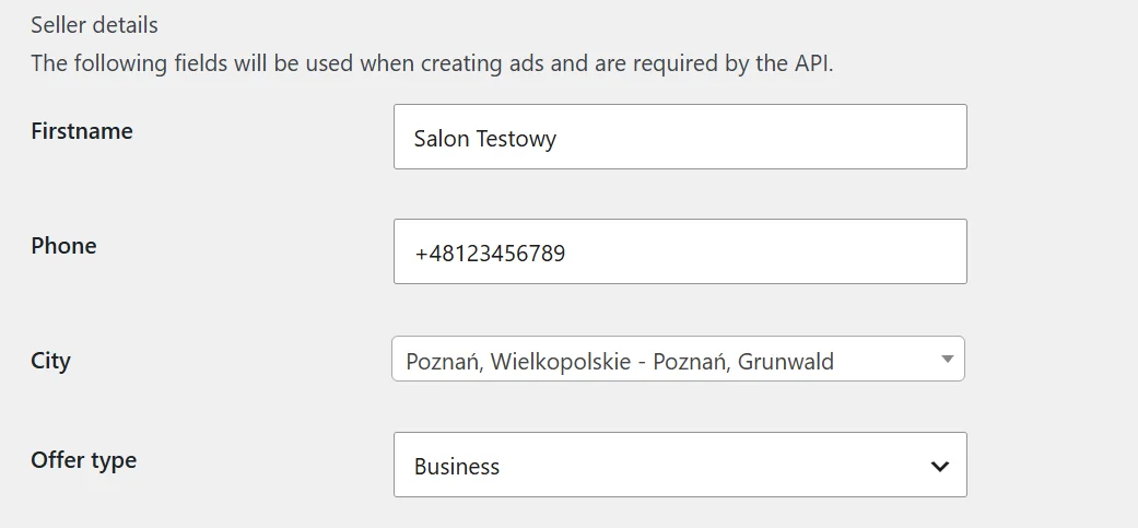 OLX settings - seller details