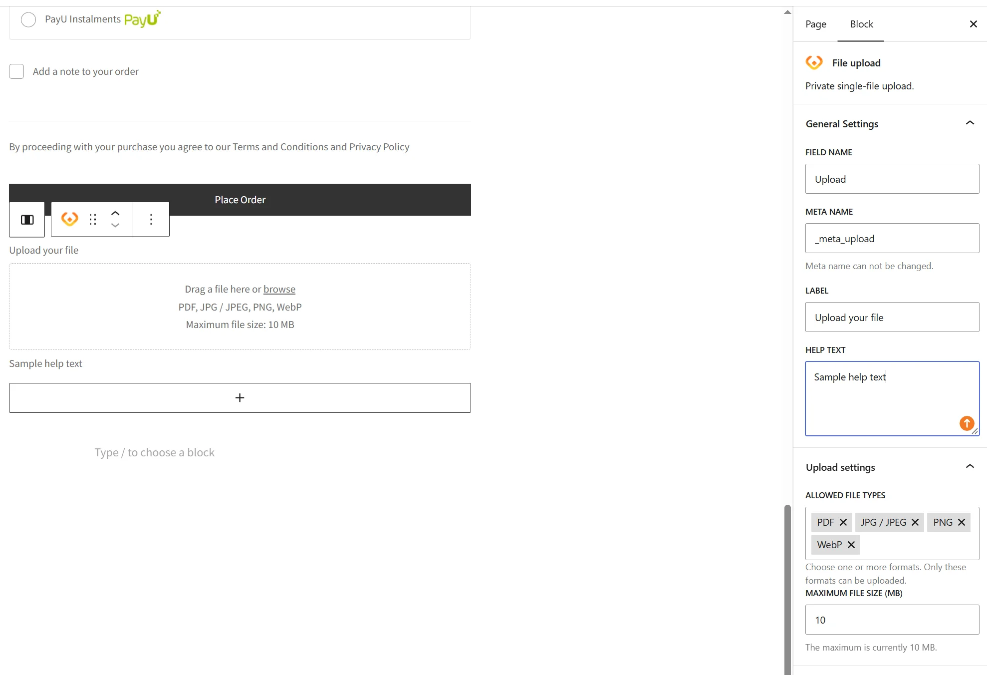 Checkout Fields for Blocks Additional Fields - upload field settings